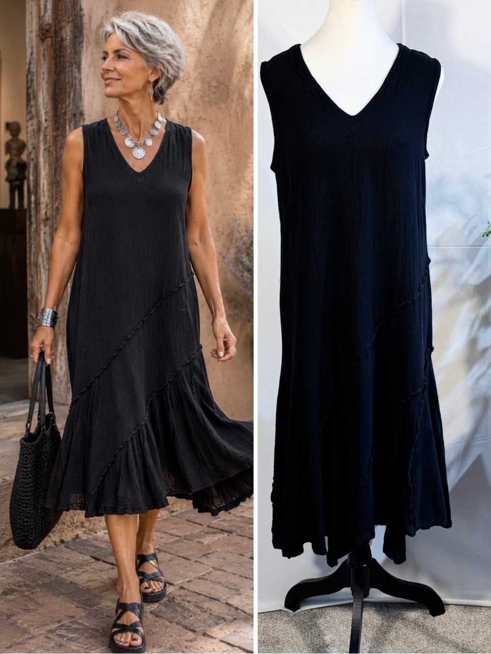 Oh My Gauze Black Cotton Spiral Raw Seam Lagenlook Midi Dress Sz 1 S/M🧡